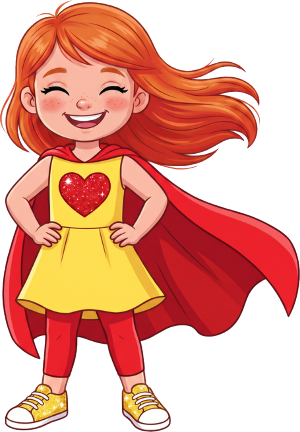 Lulu Lilly in her yellow heart dress and red superhero cape