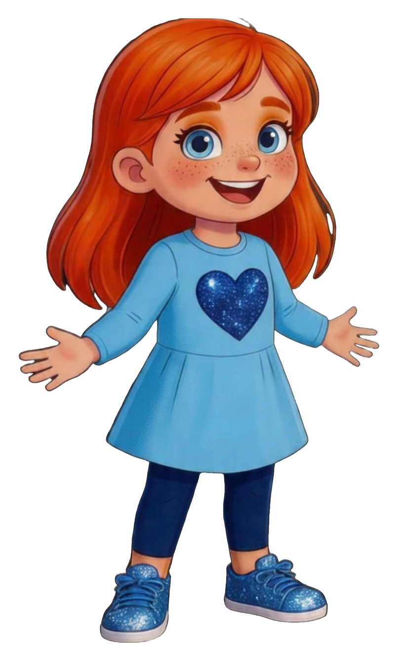Lulu Lilly with her arms open wide in a blue heart dress
