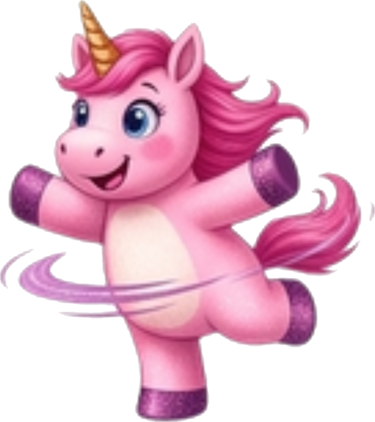 Sparkles the pink unicorn spinning a hula hoop