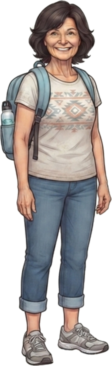Grandma Nana smiling in her jeans and backpack, ready for a walk