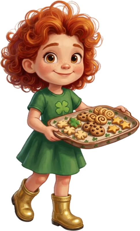 Cookie in her green clover dress holding a tray of cookies