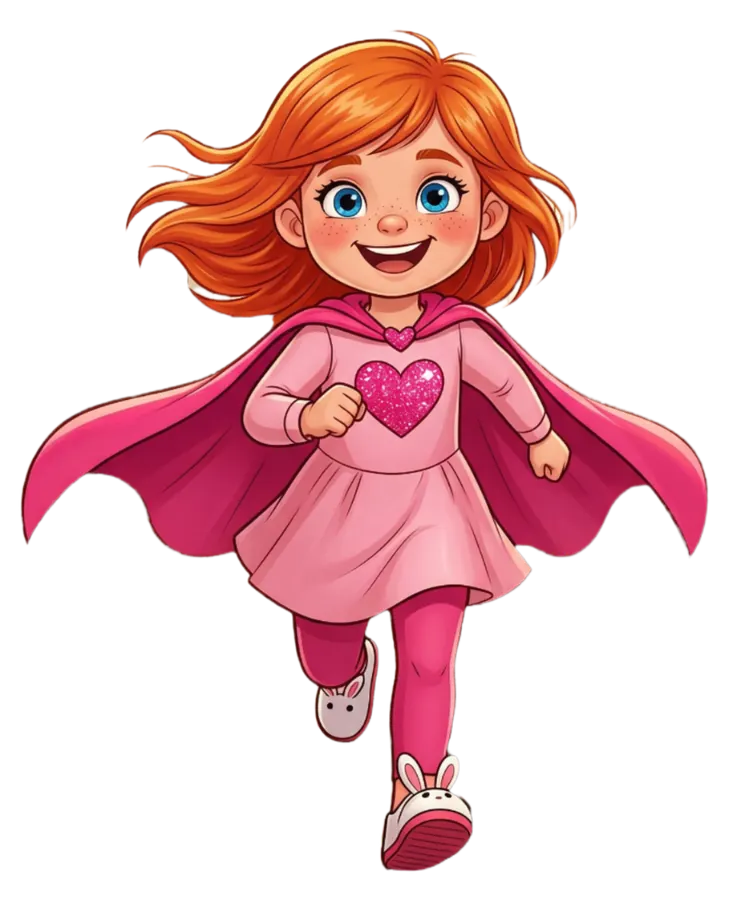 Lulu Lilly running in her pink heart dress and cape