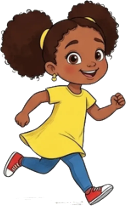 Ruby running in her yellow dress with curly puff pigtails