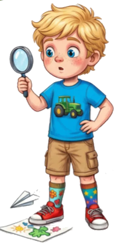 Tommy Two-Socks with a magnifying glass, tractor shirt and mismatched socks